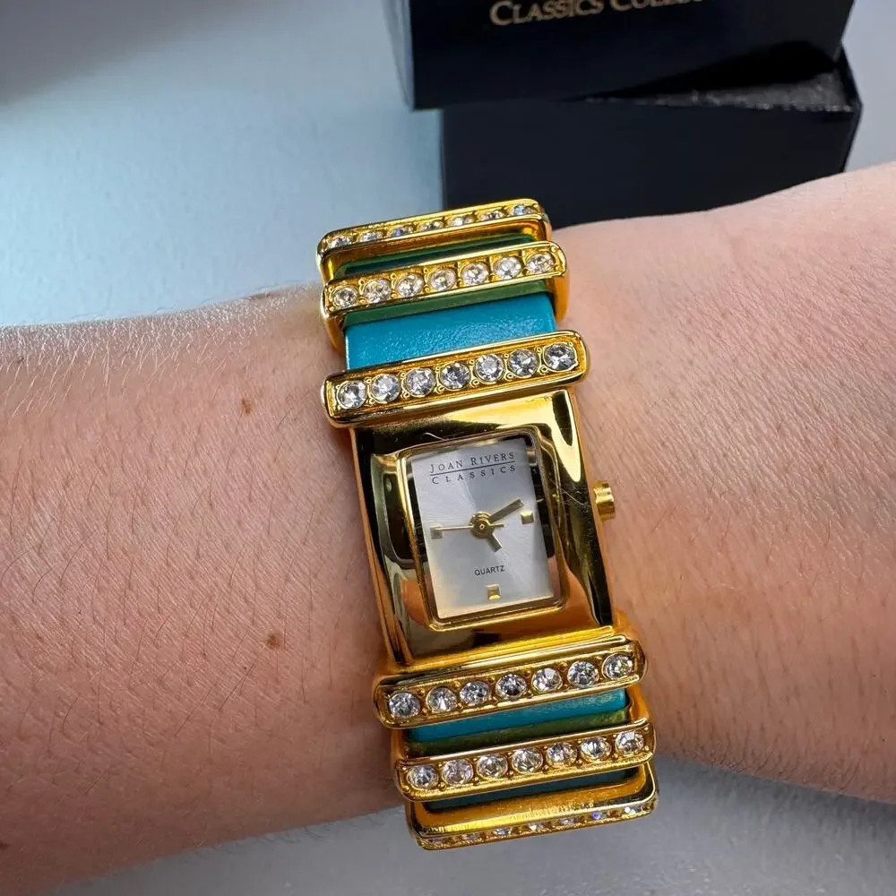 joan rivers classics turquoise leather crystal cuff watch gold tone quartz